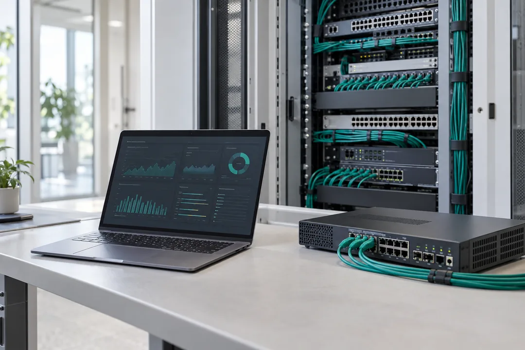 Laptop zur IT-Analyse neben einem Netzwerkgerät und einem strukturiert verkabelten Netzwerkschrank.