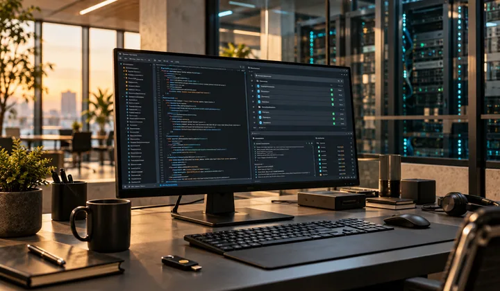 KI-generiertes Symbolfoto: Kontrollierter IT-Arbeitsplatz mit Code- und Berechtigungsansicht vor einem Serverraum.