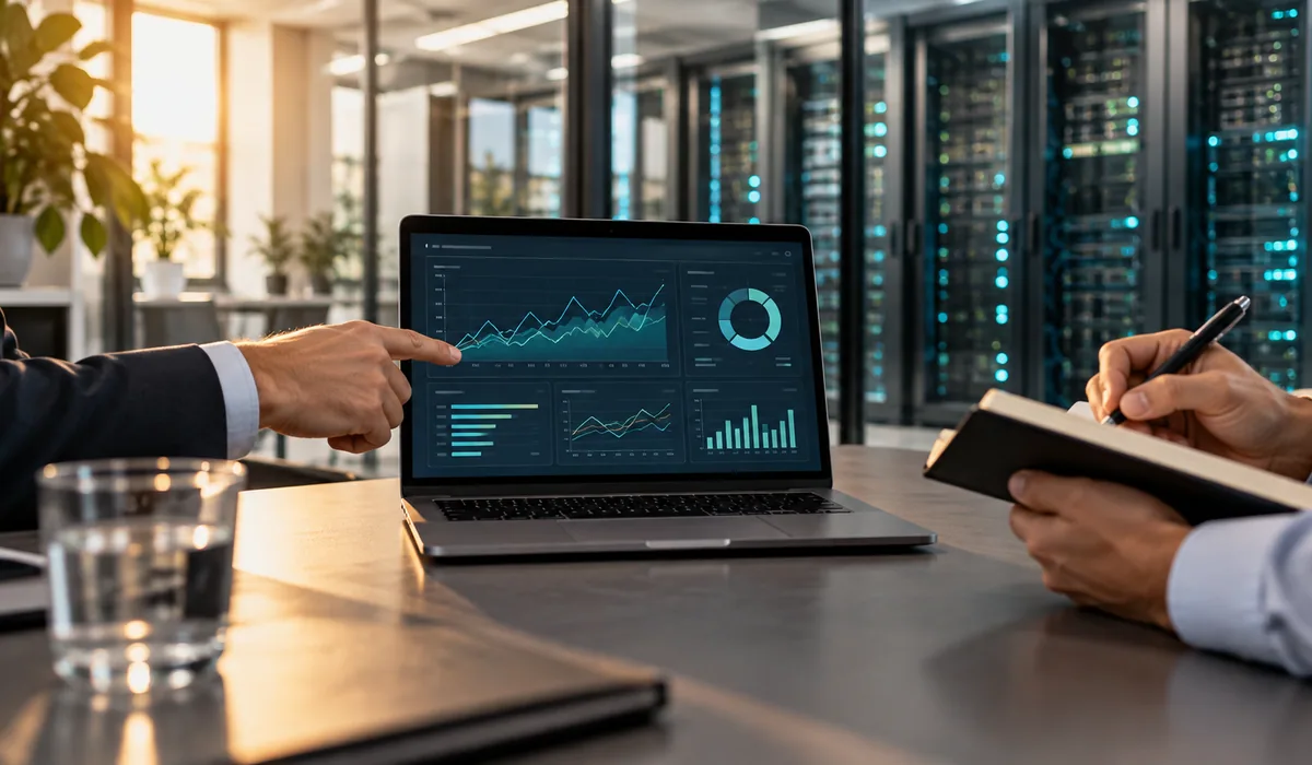 KI-generiertes Symbolfoto: Zwei Personen bewerten gemeinsam die IT-Infrastruktur anhand eines Laptop-Dashboards.