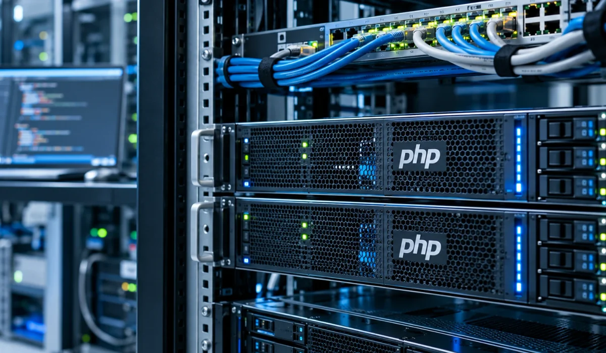 zweier PHP-gekennzeichneter Server in einem Rechenzentrumsrack, vernetzt über Switch und Kabel. Keine reale Vorfallaufnahme.