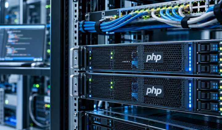 zweier PHP-gekennzeichneter Server in einem Rechenzentrumsrack, vernetzt über Switch und Kabel. Keine reale Vorfallaufnahme.