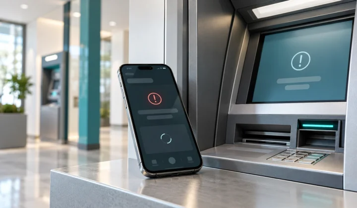 Smartphone mit neutraler Banking-App und Fehlersymbol neben einem Geldautomaten mit Störungsanzeige. Kein Foto des tatsächlichen ING-Vorfalls.