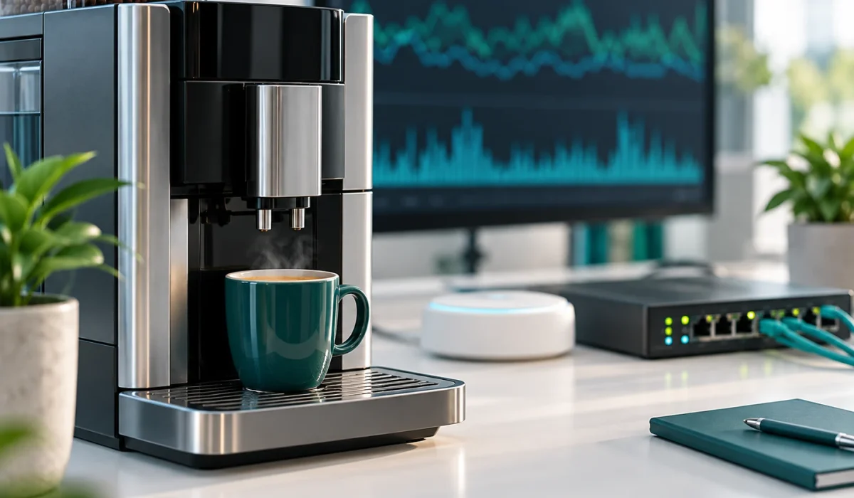 KI-generiertes Symbolfoto einer Kaffeemaschine neben Netzwerkswitch, WLAN-Zugangspunkt und abstrakten Netzwerkverkehrsdiagrammen.