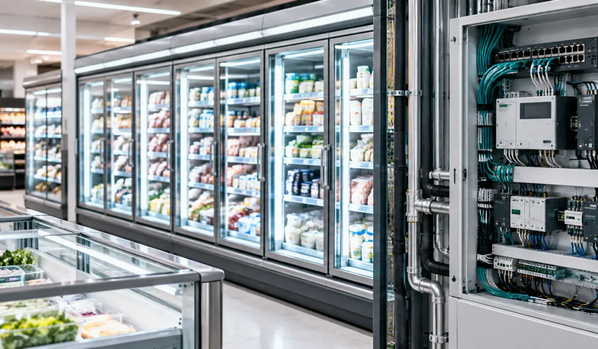 Supermarkt-Kühlregale und daneben ein geöffneter industrieller Schaltschrank mit Steuerungen und Netzwerkverkabelung; kein Foto des Vorfalls in Frankreich.