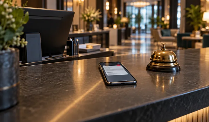 KI-generiertes Symbolfoto: Smartphone mit einer Nachricht neben einer Serviceglocke an einer Hotelrezeption.