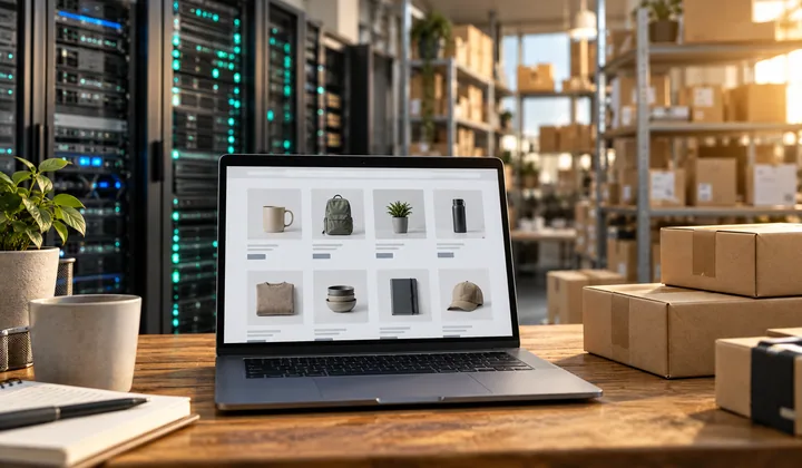 KI-generiertes Symbolfoto: Laptop mit einem Webshop neben Versandpaketen und Servertechnik.